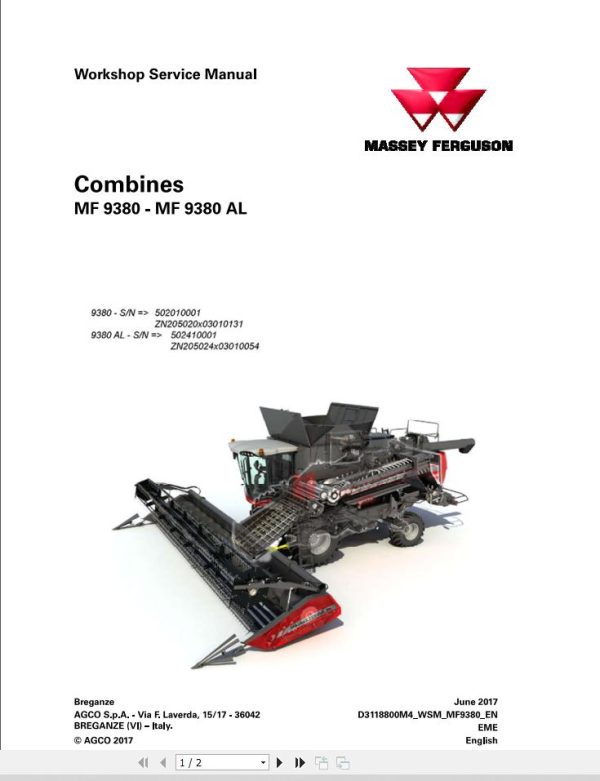 Massey Ferguson Combines MF9380 MF9380AL Workshop Service Manual D3118800M4 1