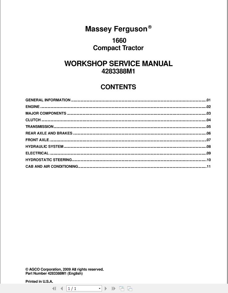 Massey Ferguson Compact Tractor 1660 Workshop Service Manual 4283388M1 1