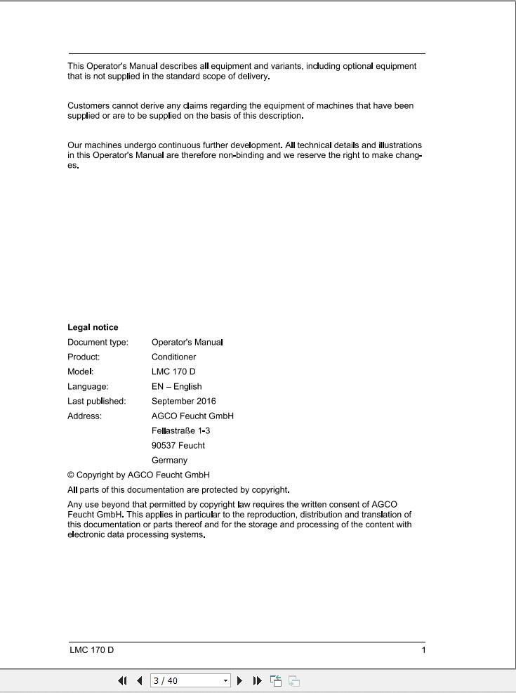 Massey Ferguson Conditioner LMC170D Operator Manual FEL1284920101 1