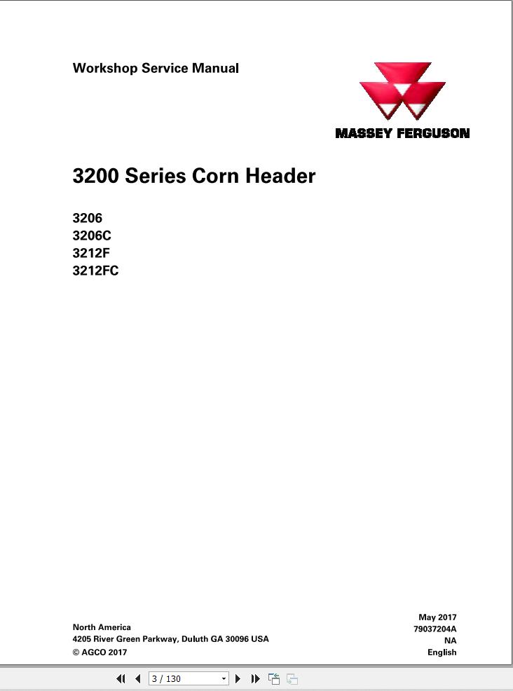 Massey Ferguson Corn Header MF3200 Series Service Manual 79037204A 1