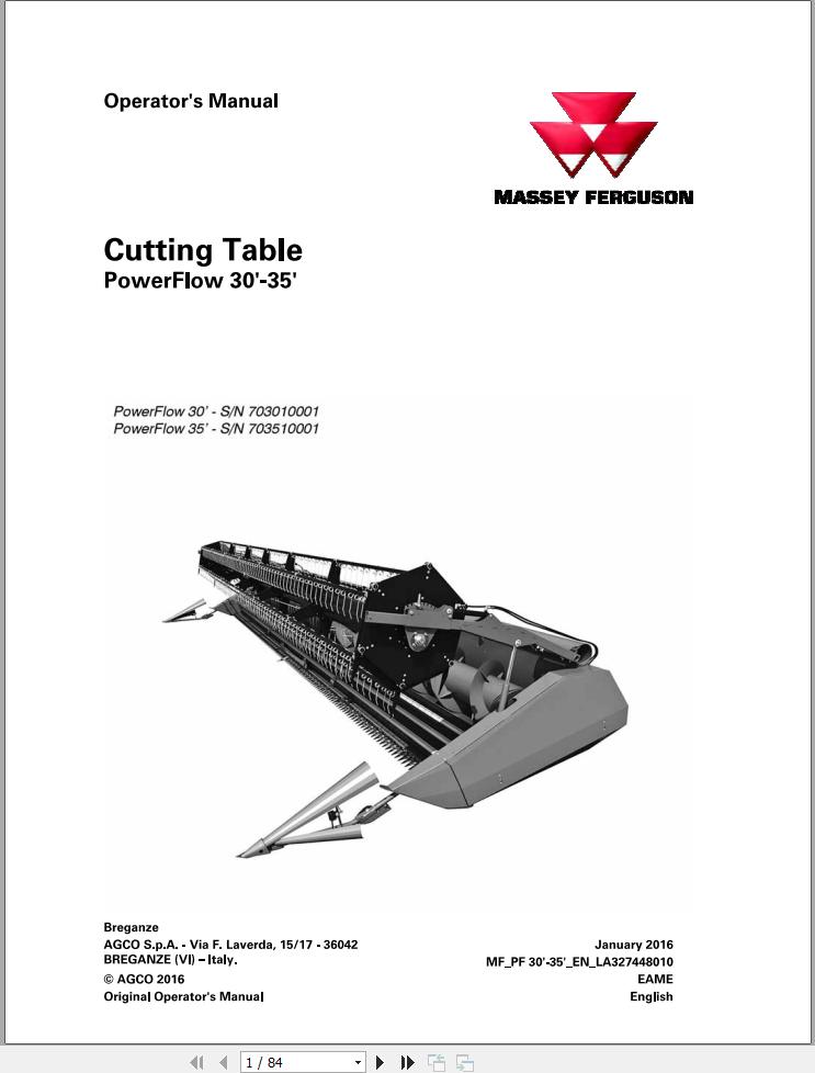 Massey Ferguson Cutting Table 30 35 Operator Manual LA327448010 1