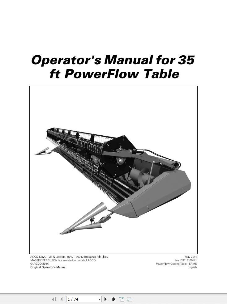 Massey Ferguson Cutting Table 35 ft PowerFlow Operator Manual D3113100M1 1