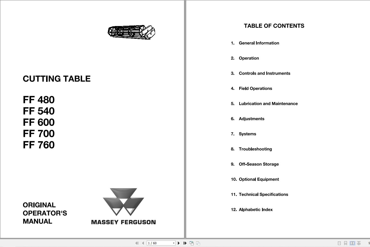 Massey Ferguson Cutting Table FF 480 540 600 700 760 Operator Manual 1