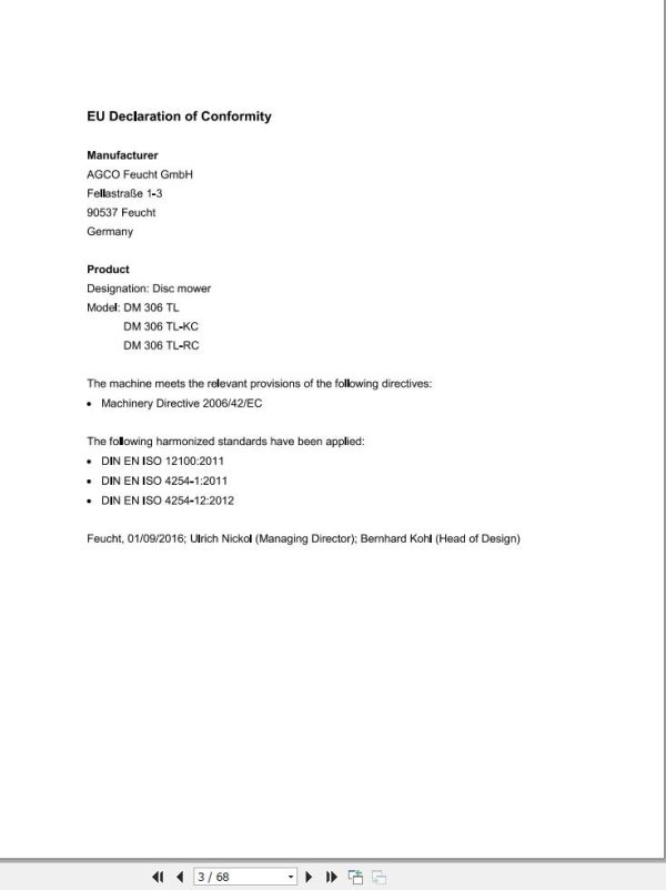 Massey Ferguson DM306TL DM306TL KC DM306TL RC Operator Manual FEL1376950101 1