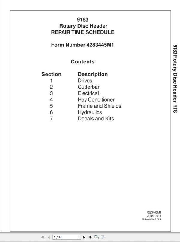 Massey Ferguson Disc Header 9183 Repair Time Schedule 4283445M1 1