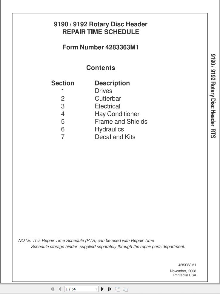 Massey Ferguson Disc Header 9190 9192 Repair Time Schedule 4283363M1 1