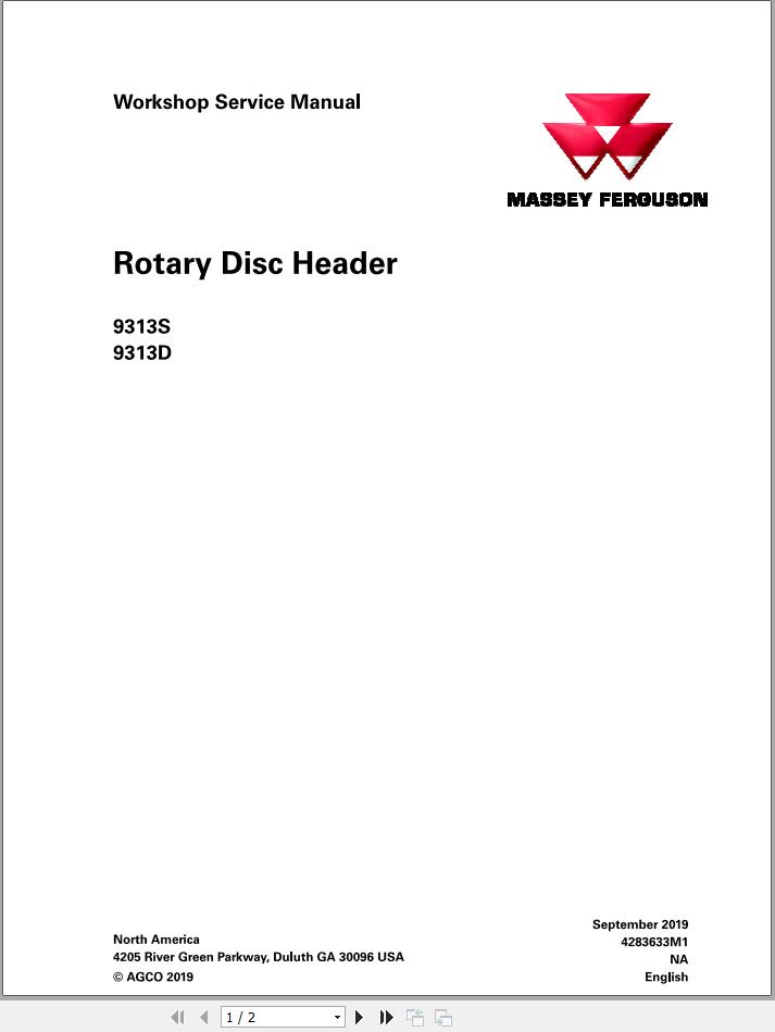 Massey Ferguson Disc Header 9313S 9313D Workshop Service Manual 4283633M1 1