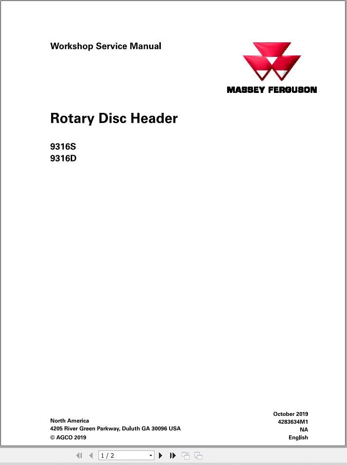 Massey Ferguson Disc Header 9316S 9316D Workshop Service Manual 4283634M1 1