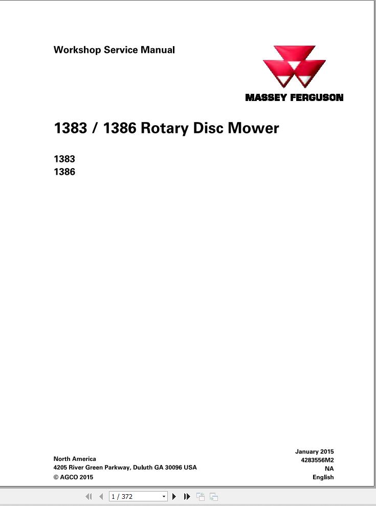 Massey Ferguson Disc Mower 1383 1386 Workshop Service Manual 4283556M2 1