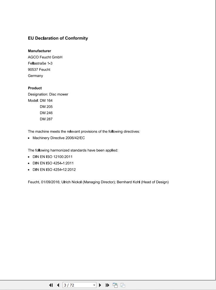 Massey Ferguson Disc Mower DM164 DM205 DM246 DM287 Operator Manual FEL1283860101 1