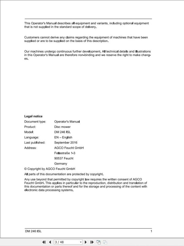 Massey Ferguson Disc Mower DM246ISL Operator Manual FEL1376440101 1