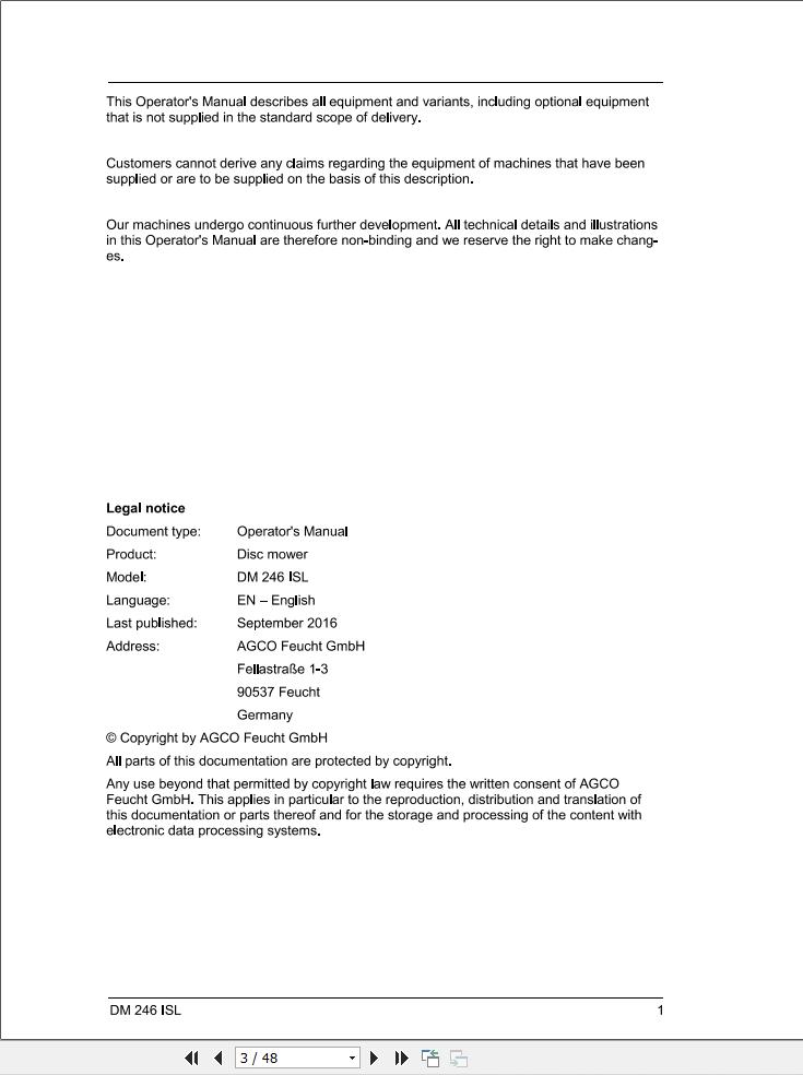 Massey Ferguson Disc Mower DM246ISL Operator Manual FEL1376440101 1