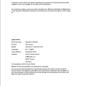 Massey Ferguson Disc Mower DM254FP DM254FPS Operator Manual FEL1719640101 1