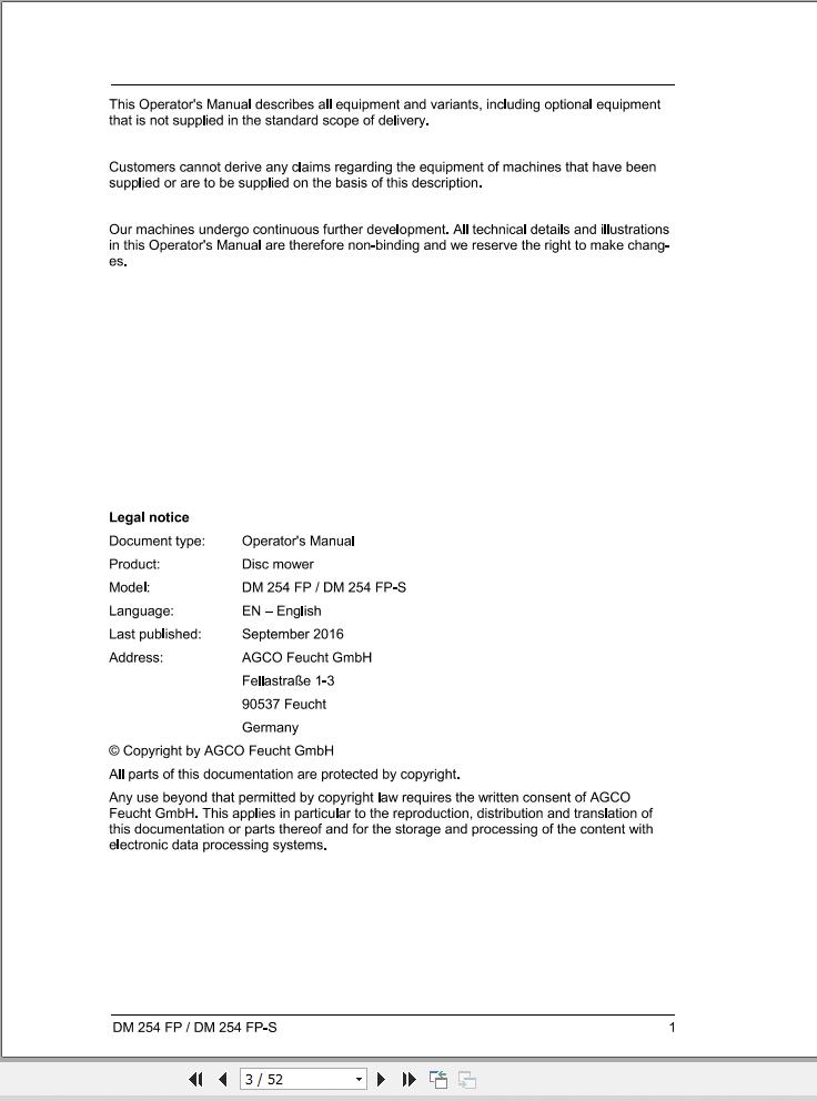 Massey Ferguson Disc Mower DM254FP DM254FPS Operator Manual FEL1719640101 1