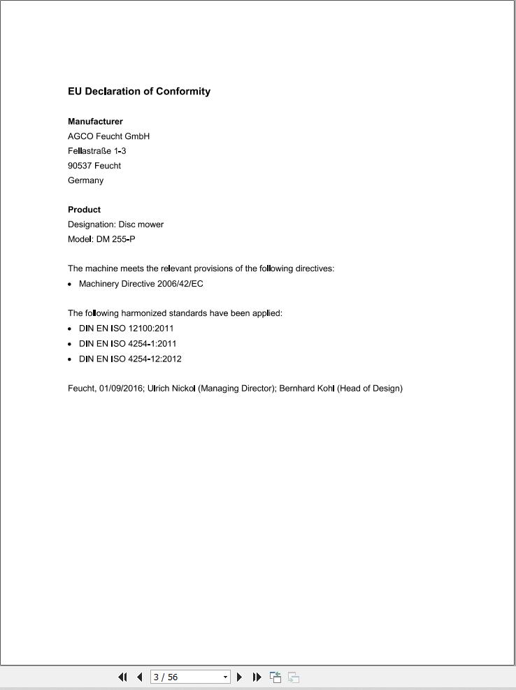 Massey Ferguson Disc Mower DM255P Operator Manual FEL13906201 1