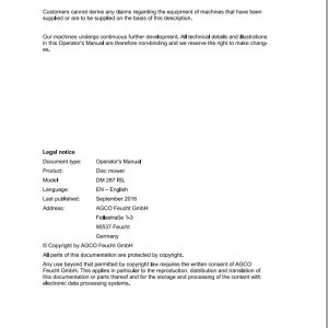 Massey Ferguson Disc Mower DM287ISL Operator Manual FEL1376380101 1