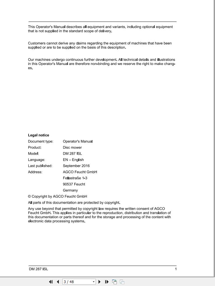 Massey Ferguson Disc Mower DM287ISL Operator Manual FEL1376380101 1