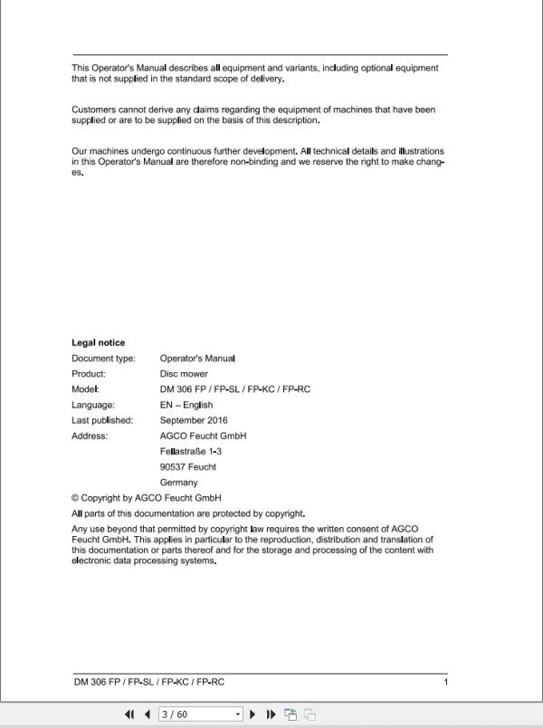 Massey Ferguson Disc Mower DM306FP to DM306FP RC Operator Manual 1