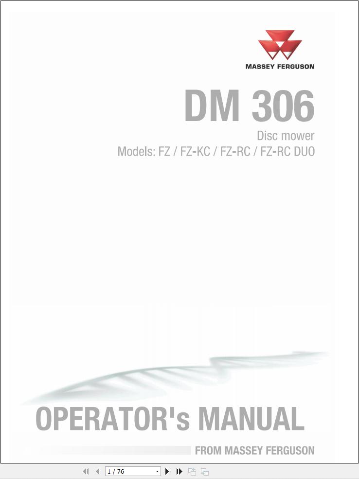 Massey Ferguson Disc Mower DM306FZ to DM306FZ RC DUO Operator Manual FEL1282270101 1