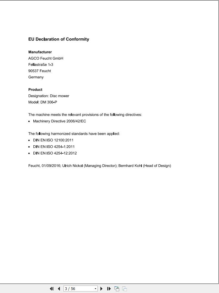 Massey Ferguson Disc Mower DM306P Operator Manual FEL1390640101 1