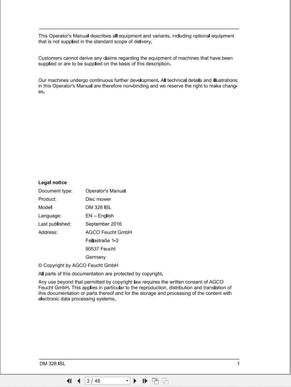 Massey Ferguson Disc Mower DM328ISL Operator Manual FEL1377020101 1