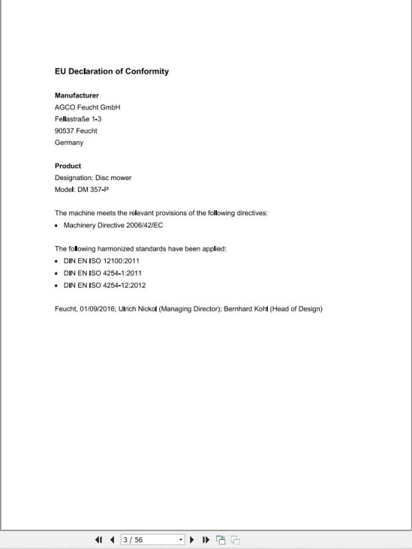 Massey Ferguson Disc Mower DM357 P Operator Manual FEL1390660101 1