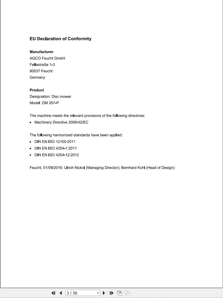 Massey Ferguson Disc Mower DM357 P Operator Manual FEL1390660101 1
