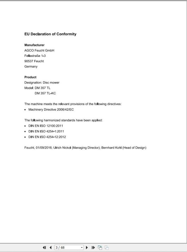 Massey Ferguson Disc Mower DM357TL DM357TL KC Operator Manual FEL1376960101 1