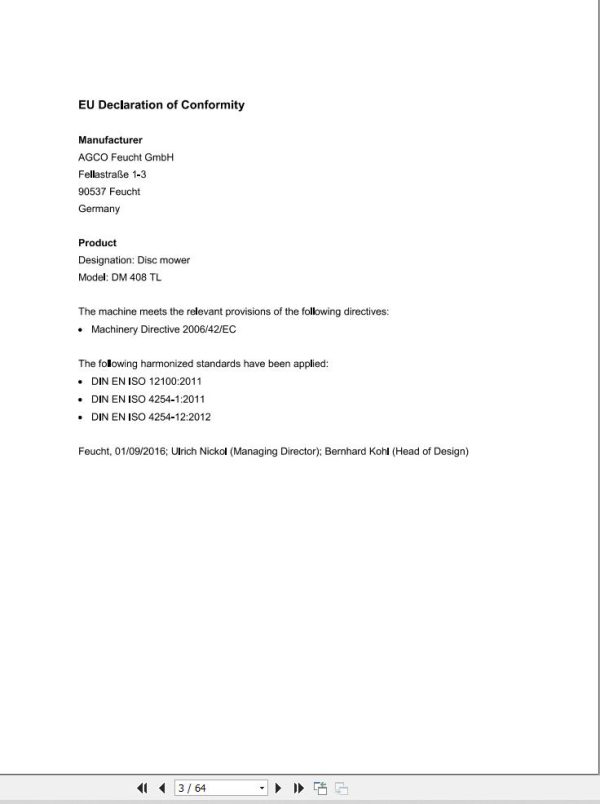 Massey Ferguson Disc Mower DM408L Operator Manual FEL1374550101 1
