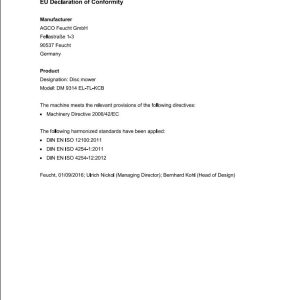 Massey Ferguson Disc Mower DM9314 EL TL KCB Operator Manual FEL1394550101 1
