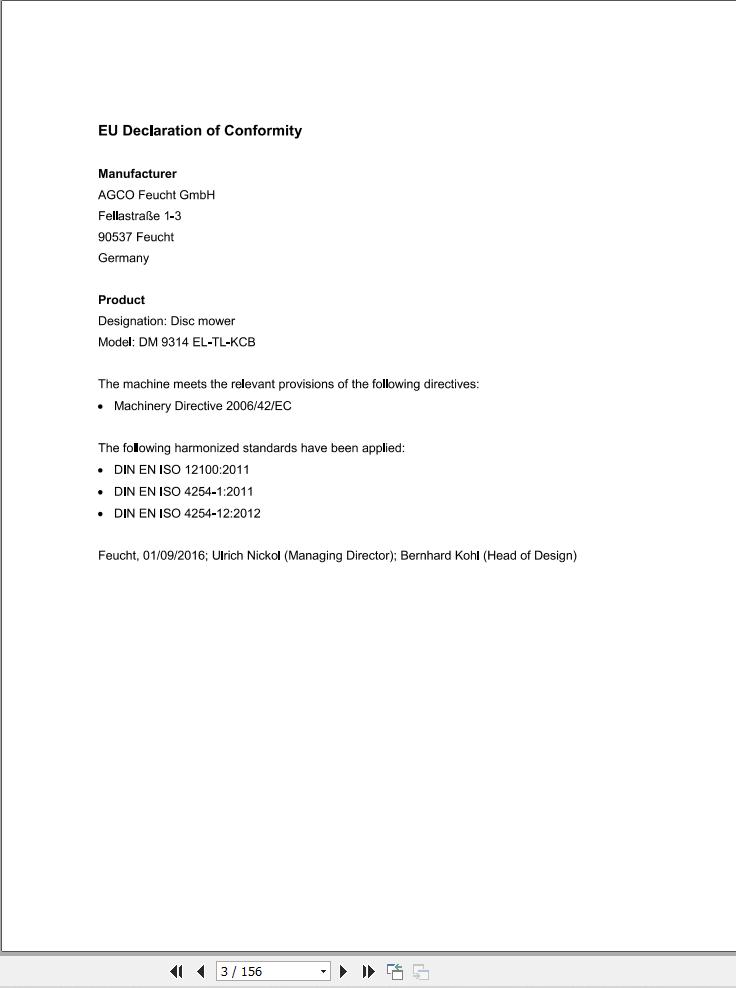 Massey Ferguson Disc Mower DM9314 EL TL KCB Operator Manual FEL1394550101 1