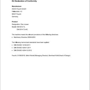 Massey Ferguson Disc Mower DM9314TL DM9314TL KC Operator Manual FEL1287770101 1