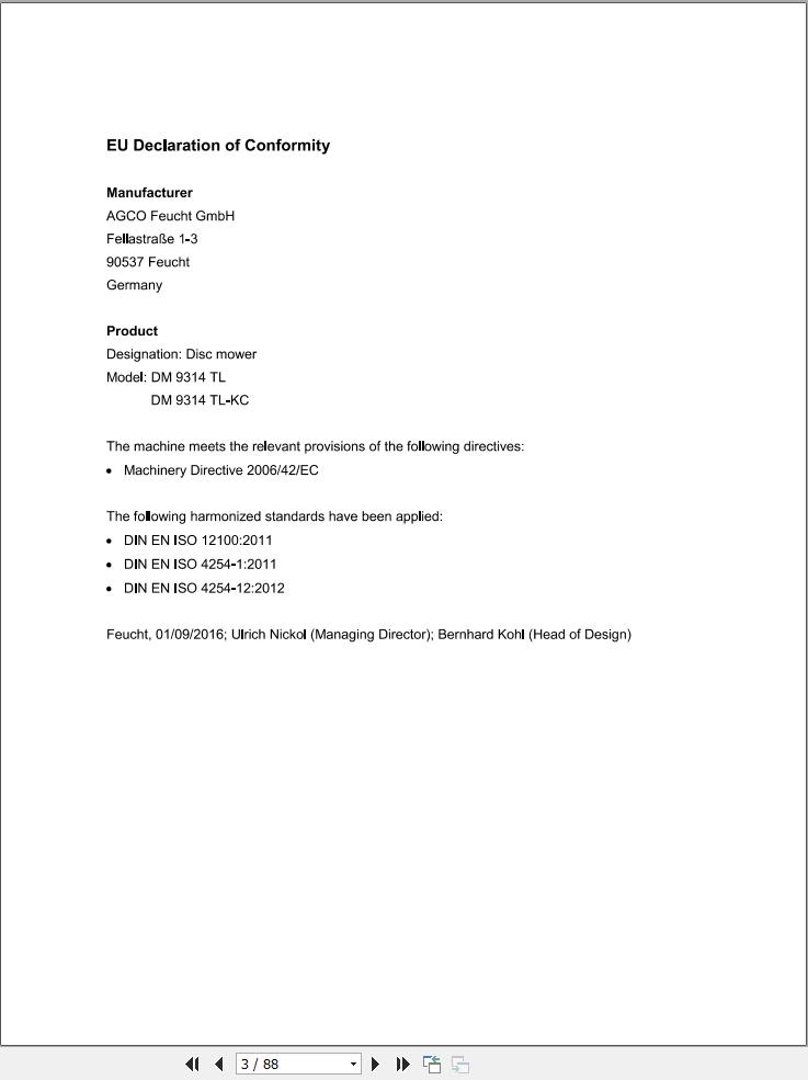 Massey Ferguson Disc Mower DM9314TL DM9314TL KC Operator Manual FEL1287770101 1