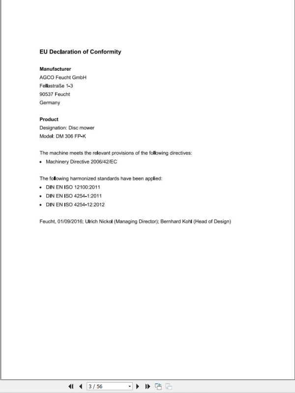 Massey Ferguson Diss Mower DM306FPK Operator Manual FEL1388450101 1