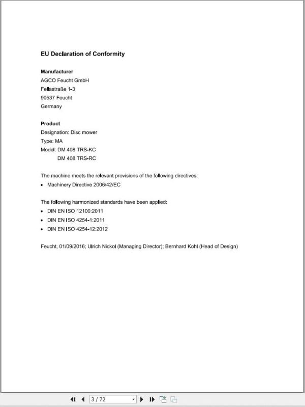 Massey Ferguson Diss Mower DM408TRS KC DM408TRS RC Operator Manual FEL12841401 1