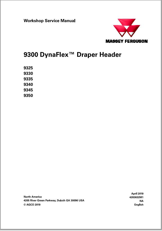 Massey Ferguson Draper Header 9325 to 9350 Workshop Service Manual 4283632M1 1