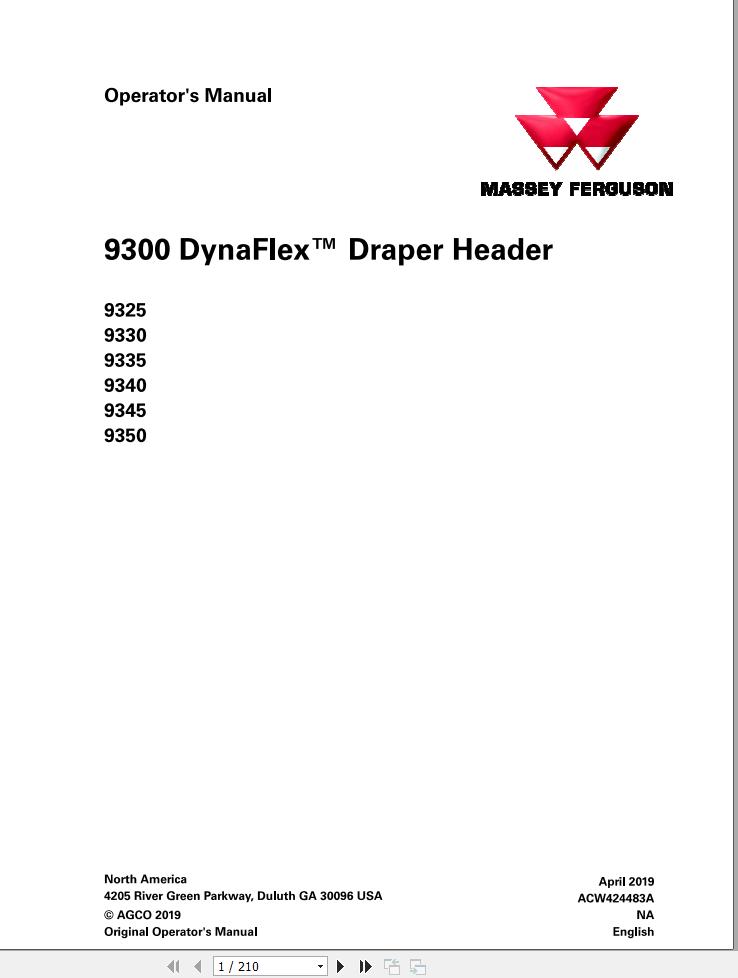 Massey Ferguson DynaFLex Draper Header 9325 to 9350 Operator Manual ACW424483A 1