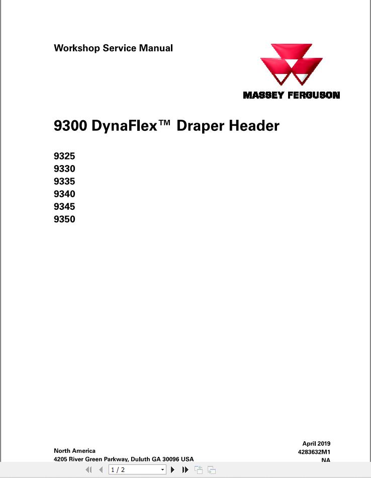 Massey Ferguson DynaFLex Draper Header 9325 to 9350 Workshop Service Manual 4283632M1 1