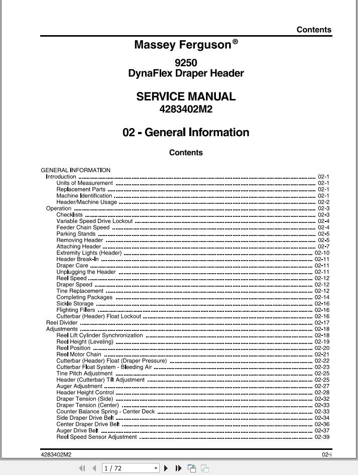 Massey Ferguson DynaFlex Draper Header 9250 Service Manual 4283402M2 1
