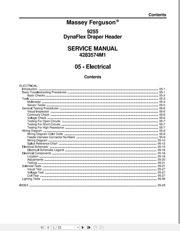 Massey Ferguson DynaFlex Draper Header 9255 Service Manual 4283574M3 1