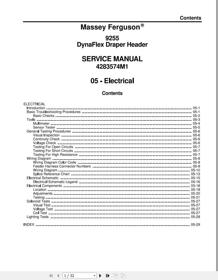 Massey Ferguson DynaFlex Draper Header 9255 Service Manual 4283574M3 1