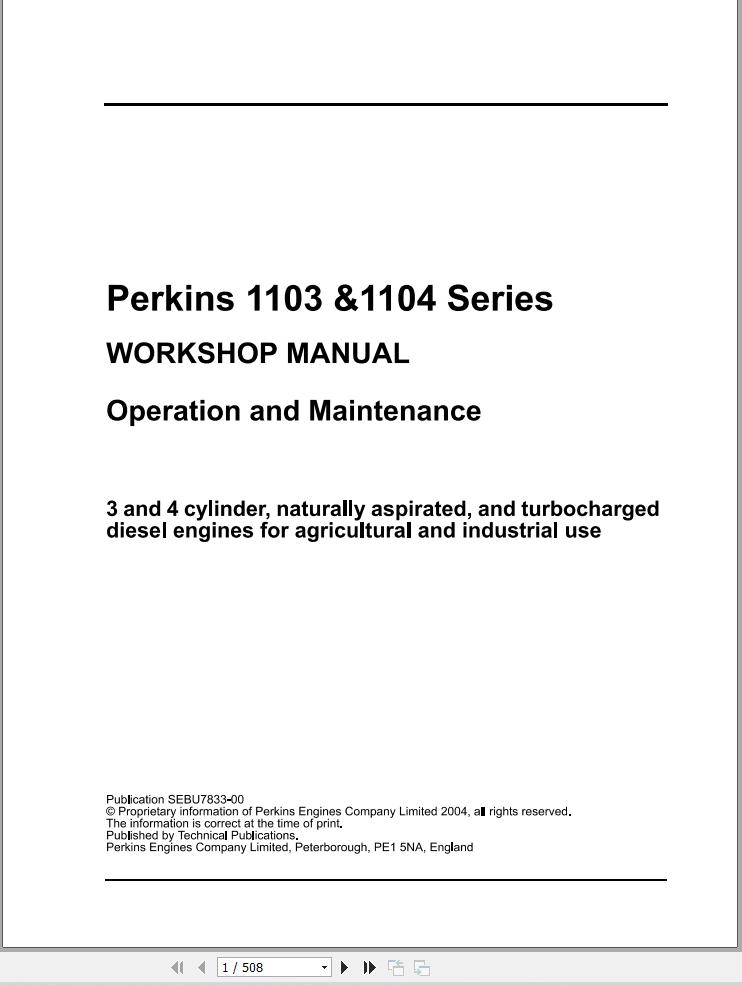 Massey Ferguson Engine Perkins 1103 1104 Series Workshop Manual SEBU7833 00 1