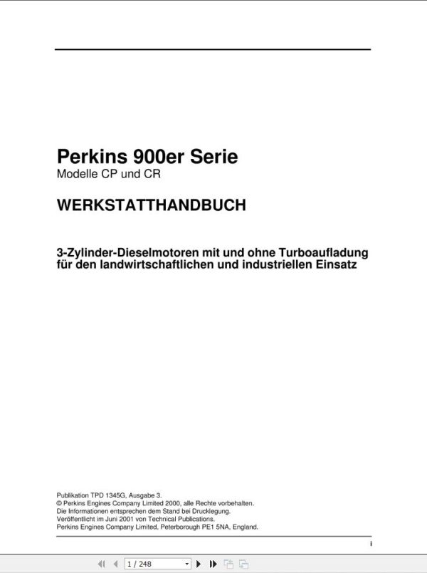 Massey Ferguson Engine Perkins 900 Series Workshop Manual TPD1345G DE 1