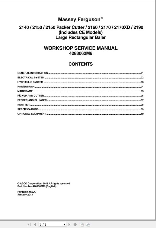 Massey Ferguson Large Rectangular Baler 2140 to 2190 Workshop Service Manual 4283062M6 1