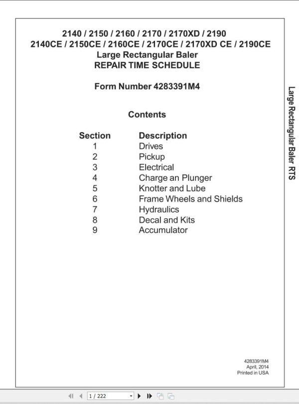 Massey Ferguson Large Rectangular Baler 2140 to 2190CE Repair Time Schedule 4283391M4 1