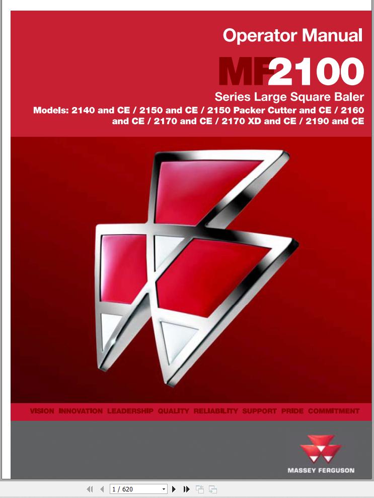 Massey Ferguson Large Square Baler 2140 to 2190CE Operator Manual 700736943D 1