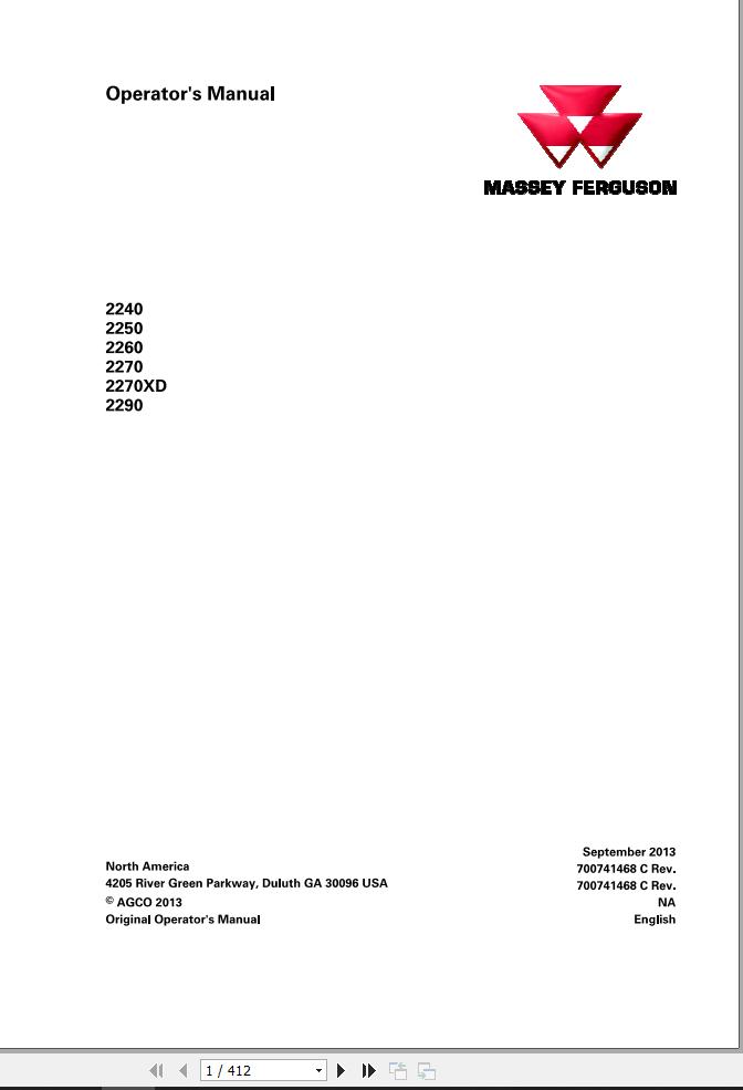 Massey Ferguson Large Square Baler 2240 to 2290 Operator Manual 700741468C 1