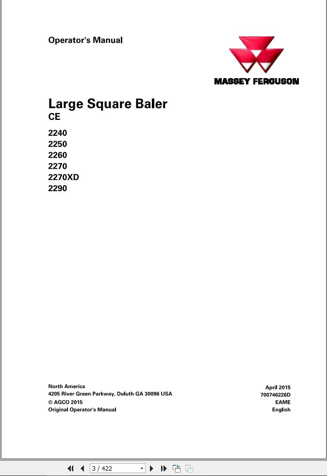 Massey Ferguson Large Square Baler MF2200 Series Operator Manual 700746226D 1