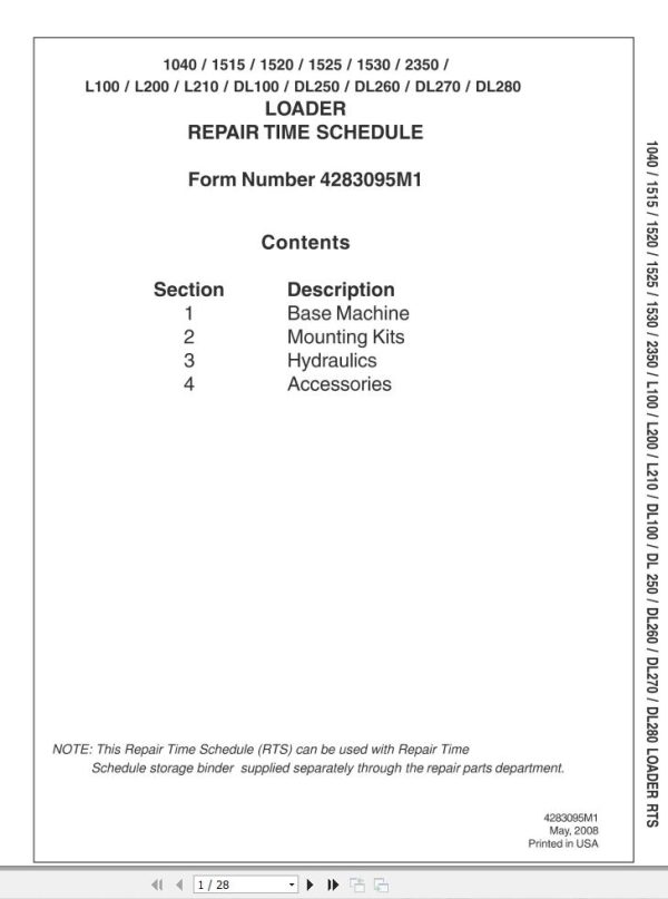 Massey Ferguson Loader 1040 to DL280 Repair Time Schedule 4283095M1 1
