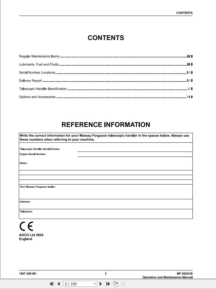 Massey Ferguson Loader MF8925 MF8926 Operation Manual 1857506M1 1